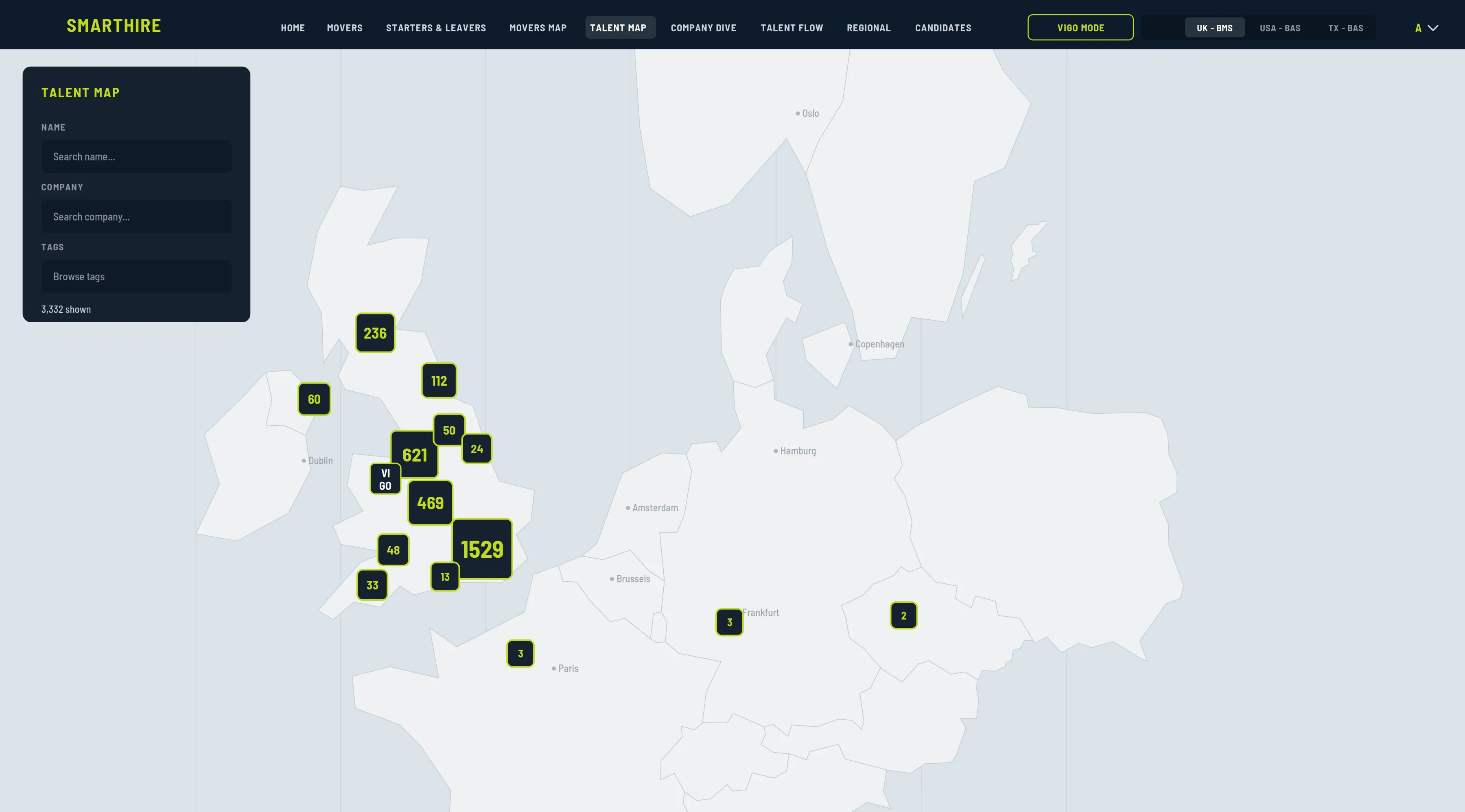 SmartHire talent map — every candidate in your patch, mapped
